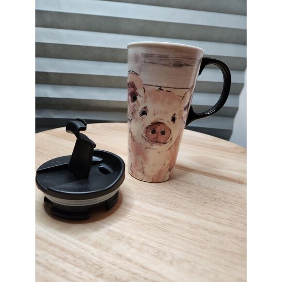 Piggy Ceramic Travel Mug – Cypress Home, Farm Animal Coffee Cup - Picture 2 of 8